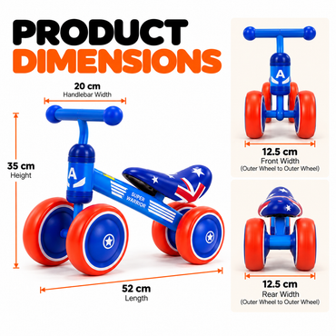 Australia flag toddler balance bike dimensions: 52 cm long, 35 cm high, 20 cm handlebars, 12.5 cm wheel width