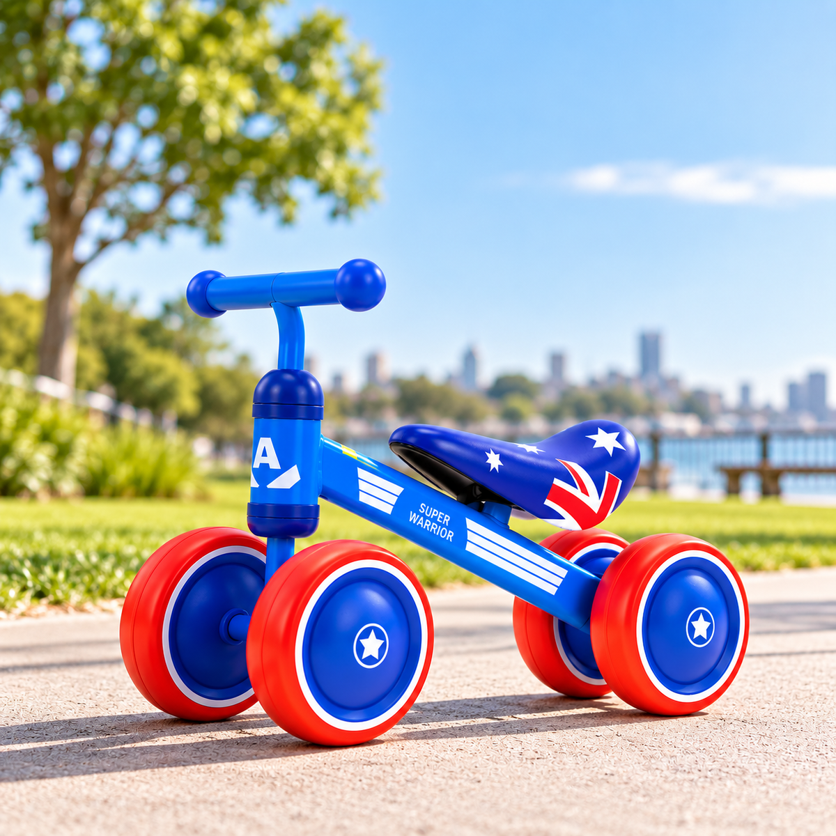 Blue and red Australia flag mini balance bike for toddlers on a sunny waterfront path