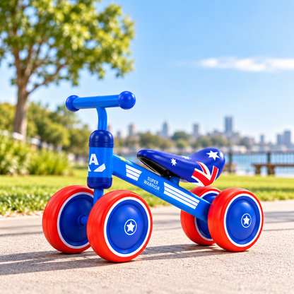 Blue and red Australia flag mini balance bike for toddlers on a sunny waterfront path