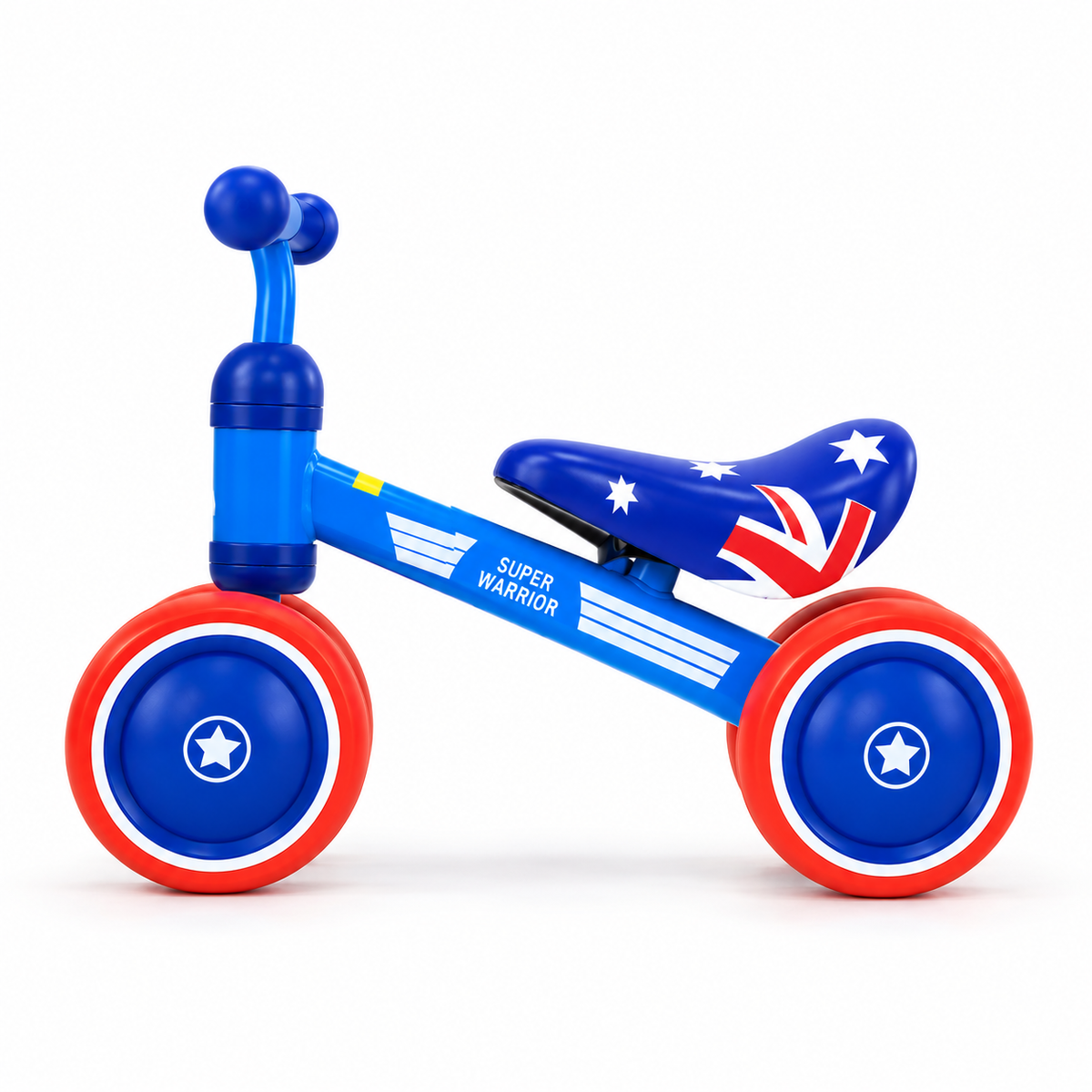 Australia flag mini toddler balance bike side view with blue frame, star seat and red wheels