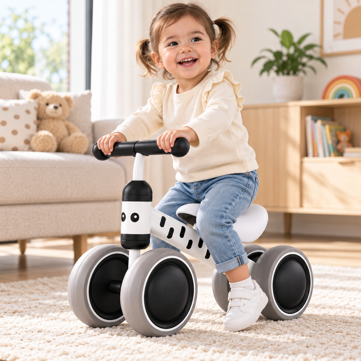 Happy toddler girl riding a zebra print mini balance bike in a bright living room