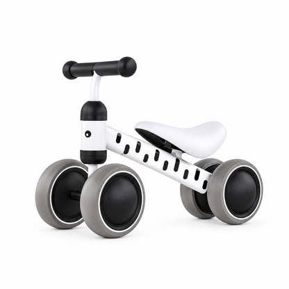 Black and white zebra 4-wheel toddler balance bike with wide quiet wheels
