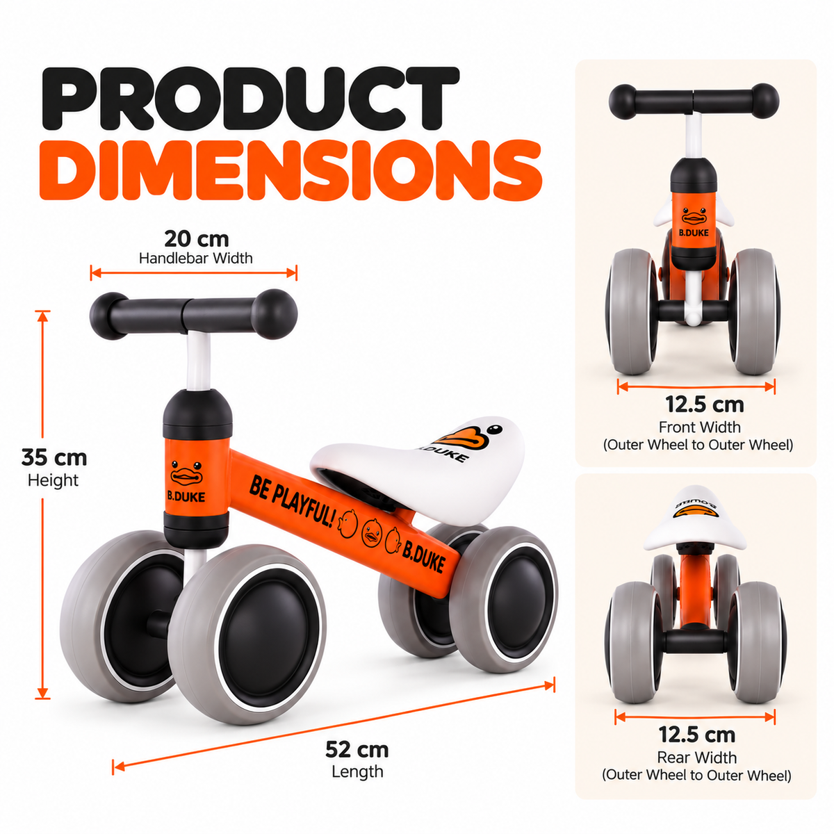 Orange toddler balance bike dimensions: 52 cm long, 35 cm high, 20 cm handlebars, 12.5 cm wheel width