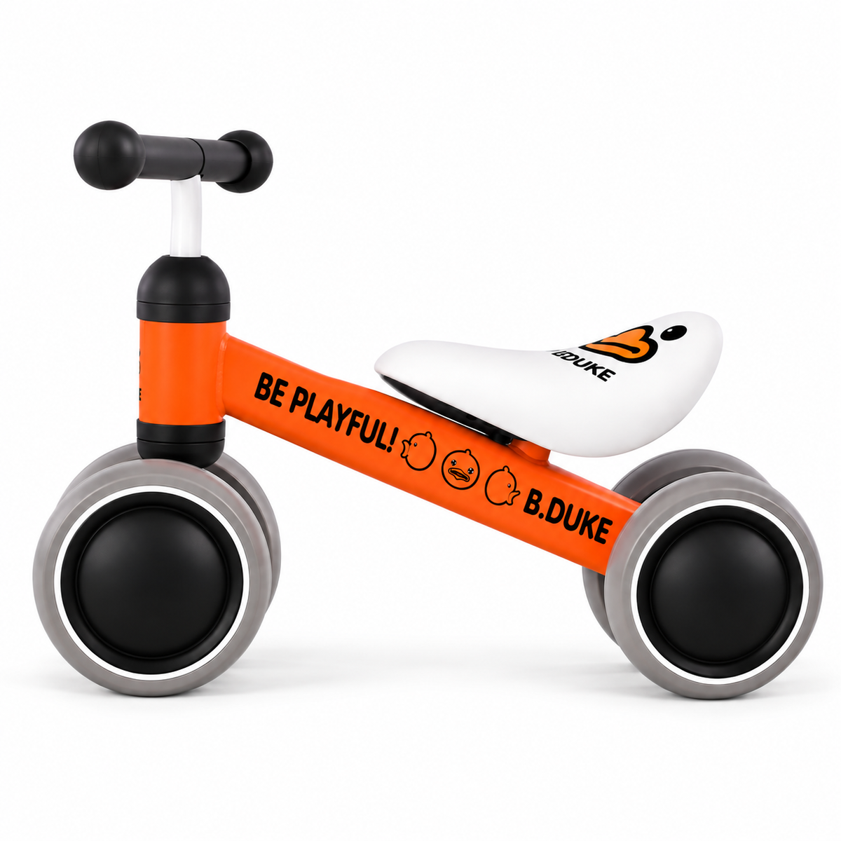 Orange mini toddler balance bike side view with white padded seat, black handlebars and 4 grey wheels