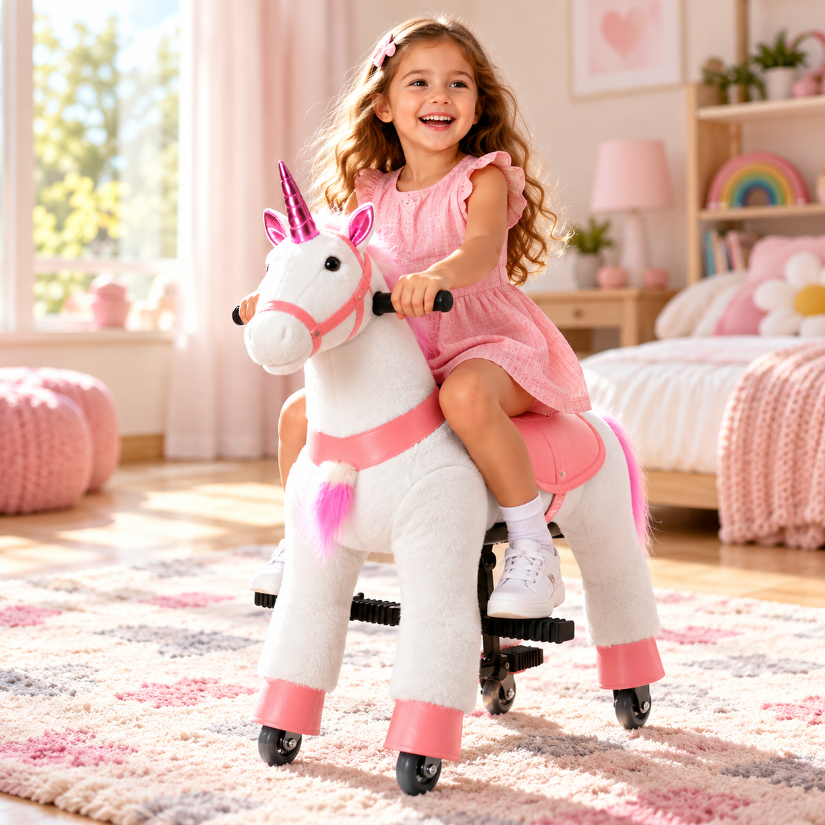 Happy girl riding a pink and white ride on unicorn horse toy in her bedroom