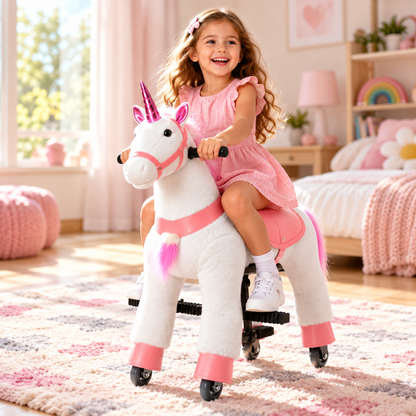 Happy girl riding a pink and white ride on unicorn horse toy in her bedroom