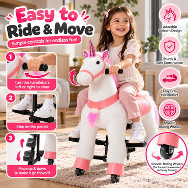 How to ride the unicorn horse toy: steer with handlebars, step on the pedals, move up and down to go