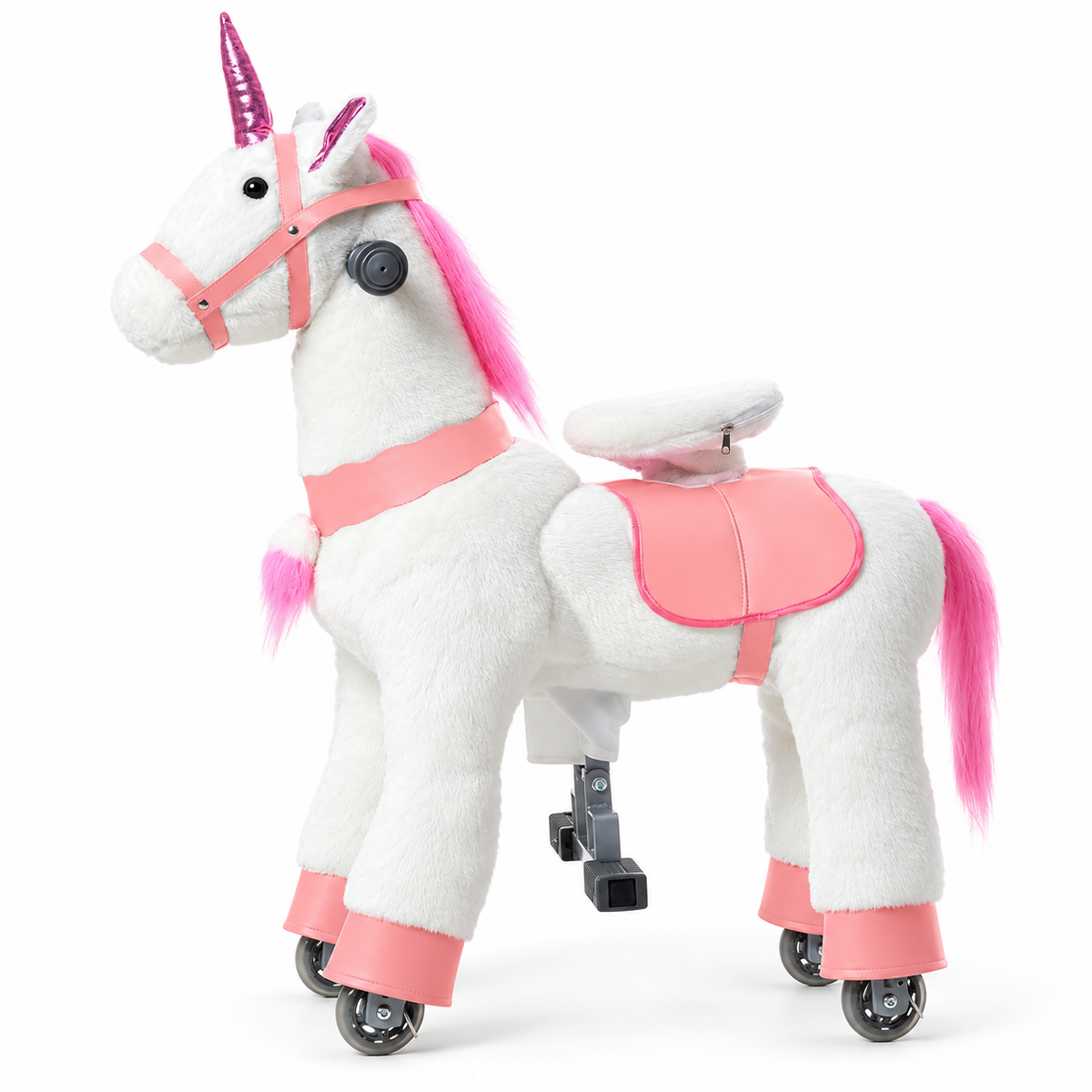 White ride on unicorn horse toy with pink mane, sparkly pink horn, padded saddle and rolling wheels