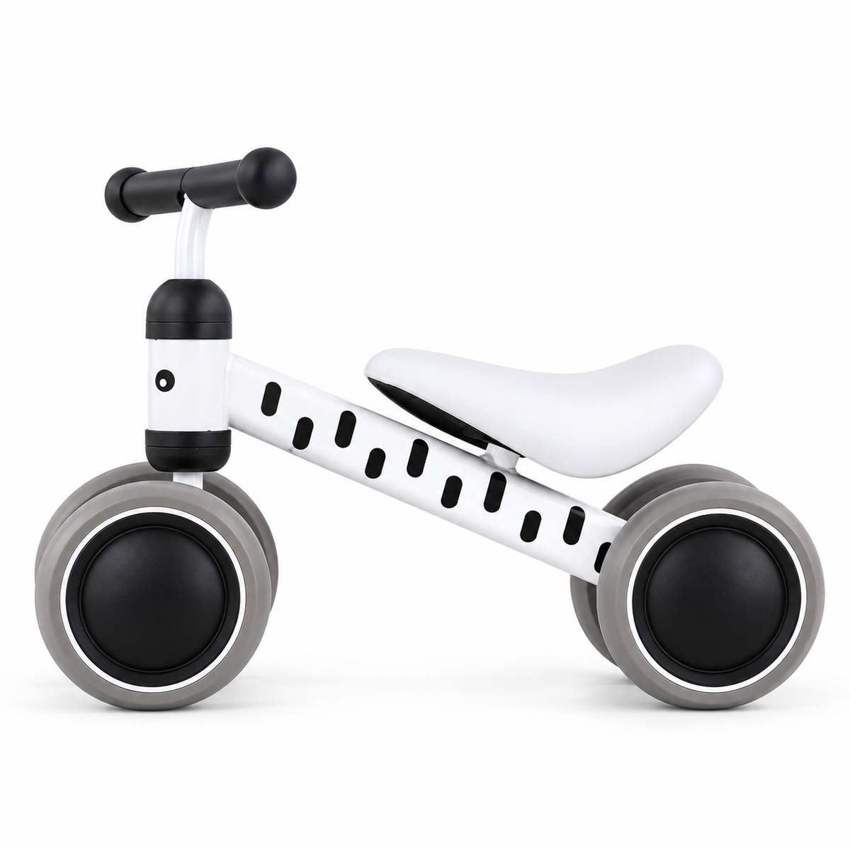 Zebra print mini toddler balance bike side view with white padded seat and 4 grey wheels