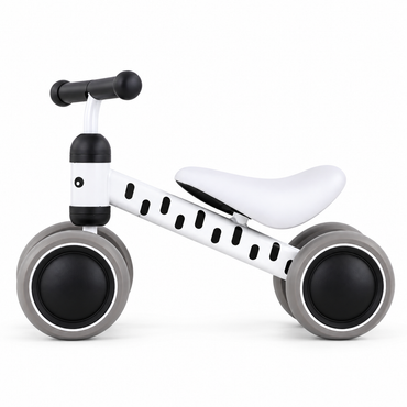 Zebra print mini toddler balance bike side view with white padded seat and 4 grey wheels